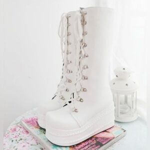 Kawaii Babe Platform White Moto Lace-Up Knee High Boots - Women's Fashion Shoes